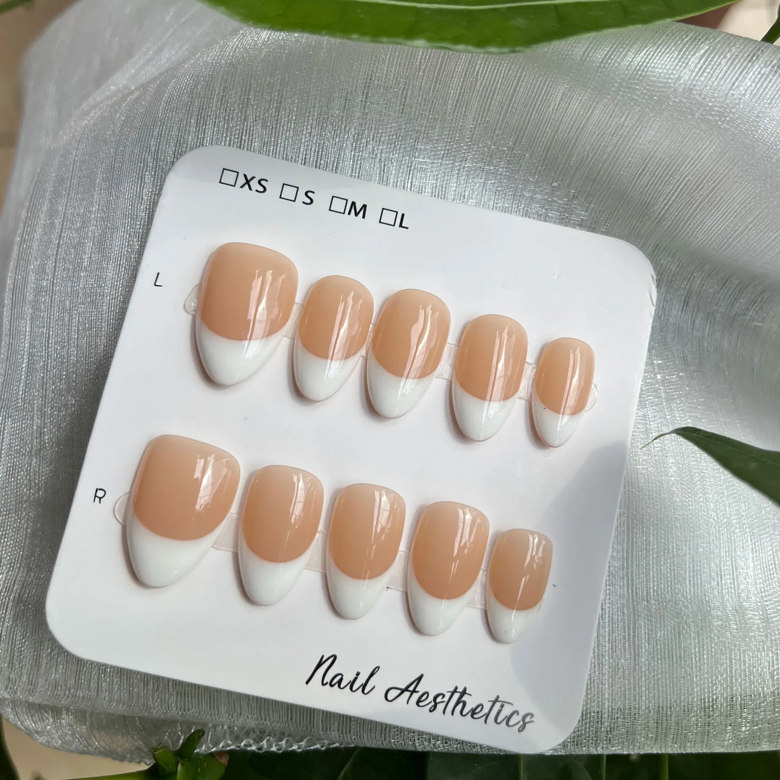 Handmade Press On Nails, White French Tip, Hand Painted Oval Fake Nails, 10-Piece Reusable Manicure Set, Classic Chic Nail Style