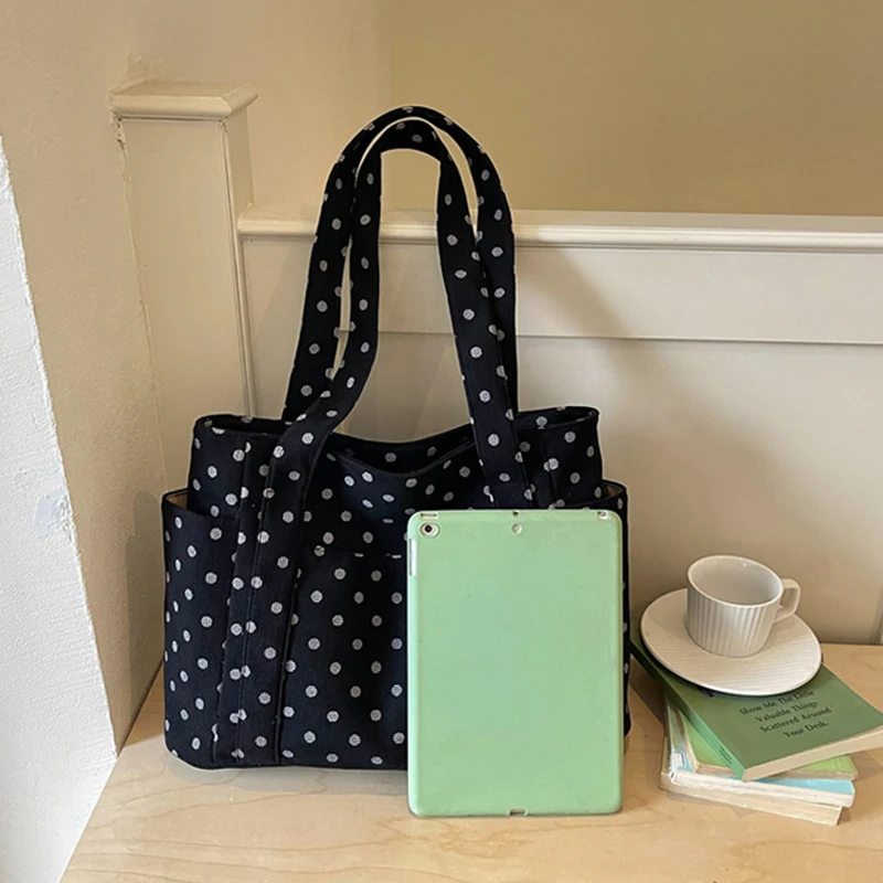 Koreanische Vintage Polka-Dot-Tragetasche für Frauen, Große Kapazität, Einzel-Schulter-Handtasche, Lässige Alltags-, Schul- und Pendler-Schultertasche – Detail 3