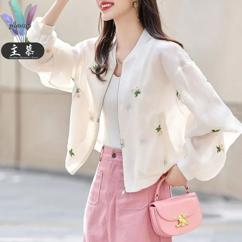

2025 Summer New Versatile Style Stand Up Collar Down Shoulder Sleeve Embroidered Flower Short Coat For Women