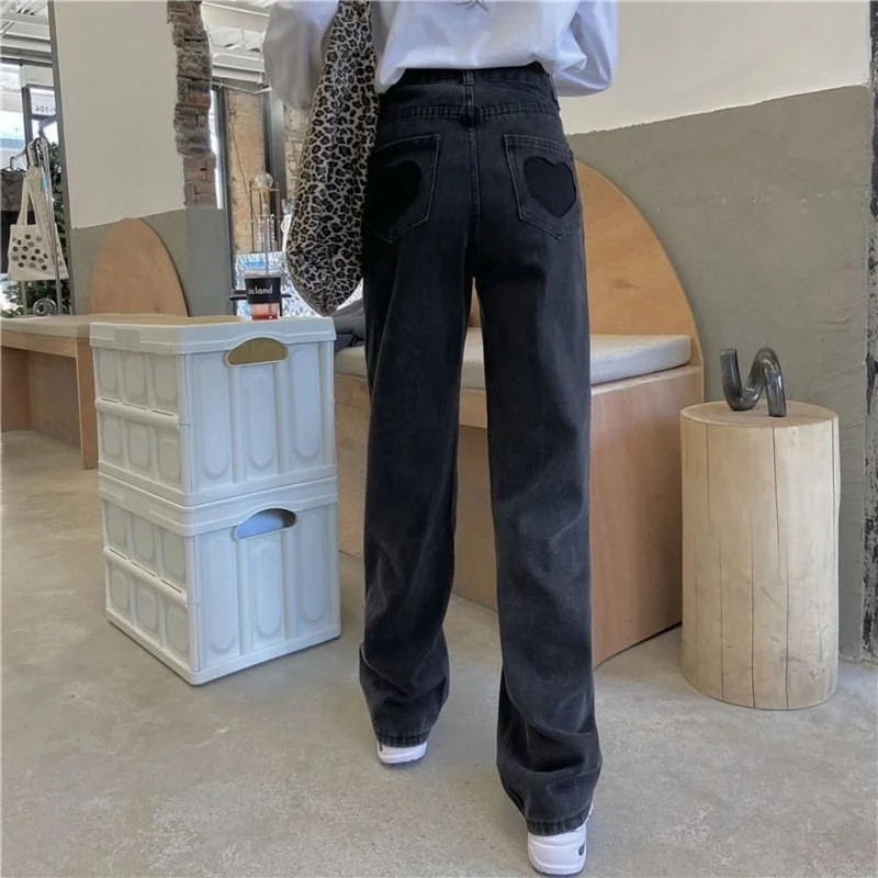 Jeans Women Autumn Panelled Heart High Waist Straight Loose Trousers Pockets Vintage Streetwear Harajuku Leisure Fashion Femme