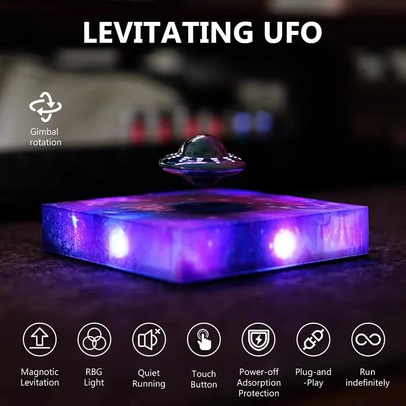 공중부양 UFO 램프 조명 장식 디스플레이 UFO 독특한 장난감 선물 (책상, 방, 사무실용) 회전하는 은하계 베이스, 터치 컨트롤 썸네일 2
