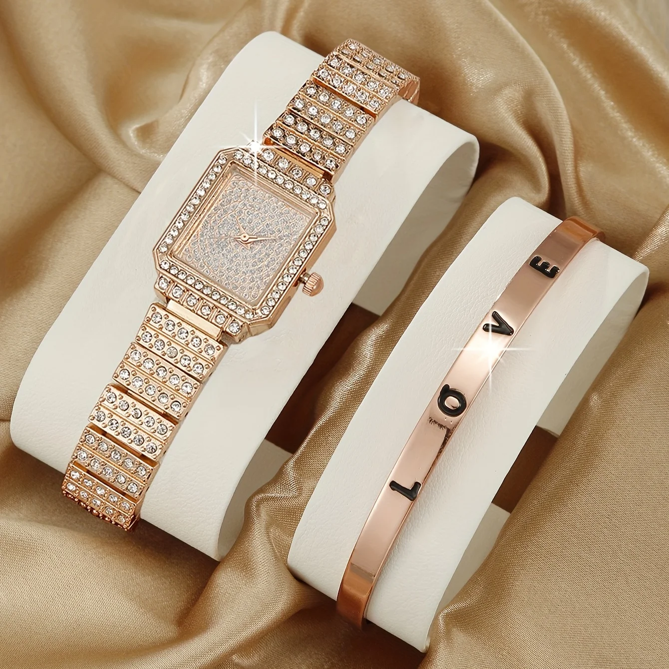 2pcs/set Women's Watch Rectangle Pointer Quartz Watch Sparkling Rhinestone Analog Wrist Watch & Love Bangle, Gift For Mom Her