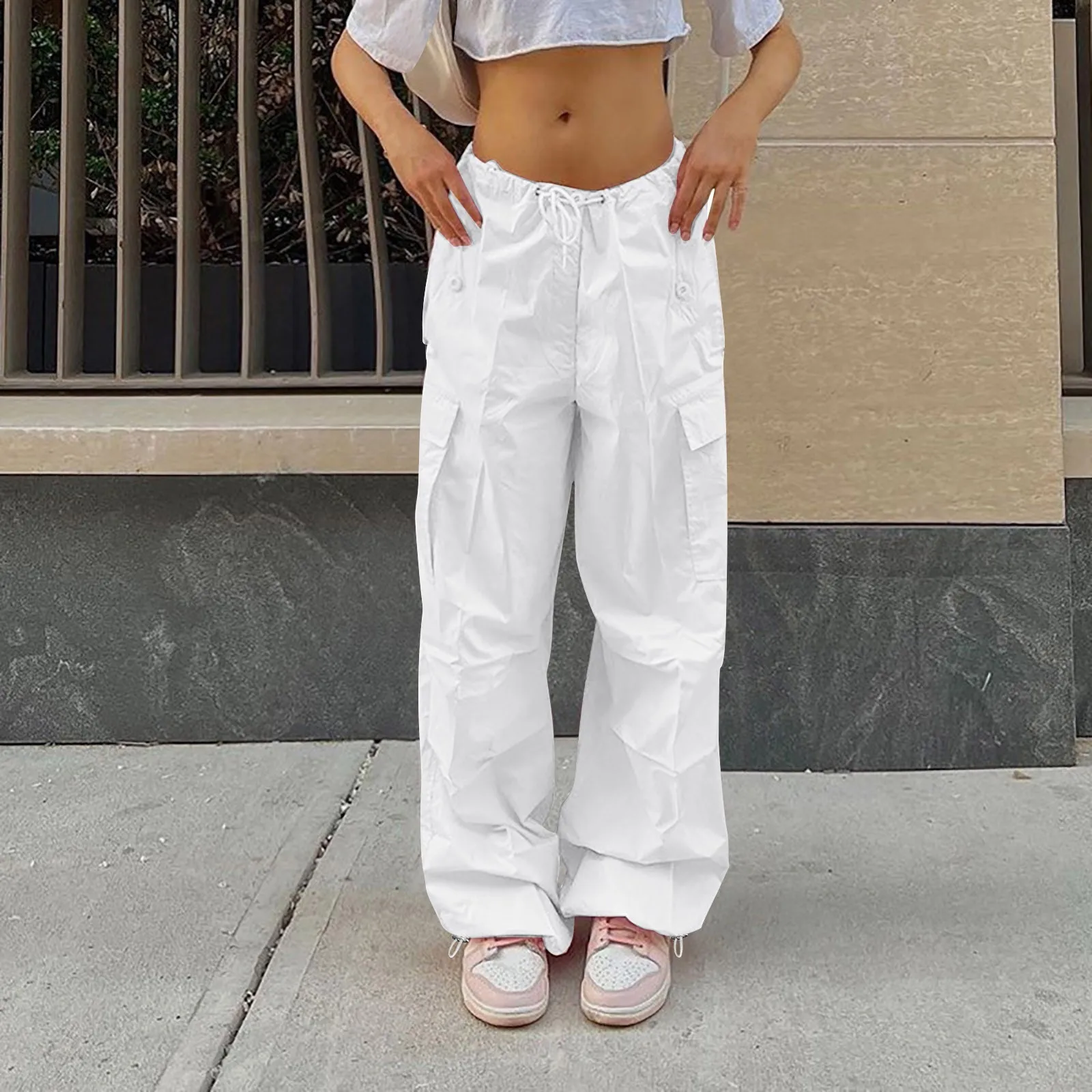 

Tethered Multi Pockets Solid Color Cargo Pants Casual Loose Fitting Wide Leg Pants Dressy Low Waist Street Trousers Women