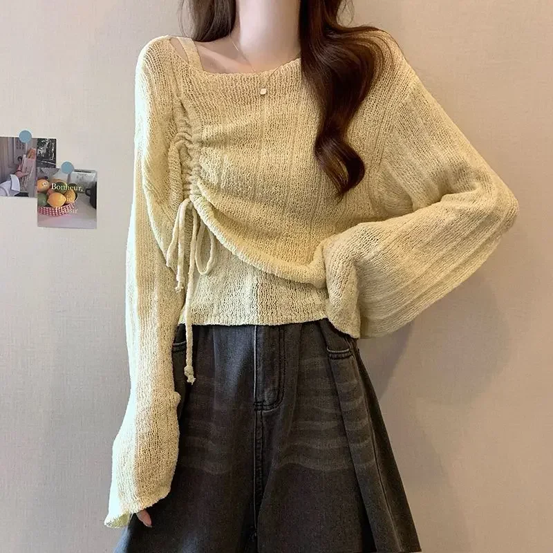 Two-piece Set Thin Design Pullover Sweater Sweet New Style Dopamine Drawstring Knit Set Camisole Top