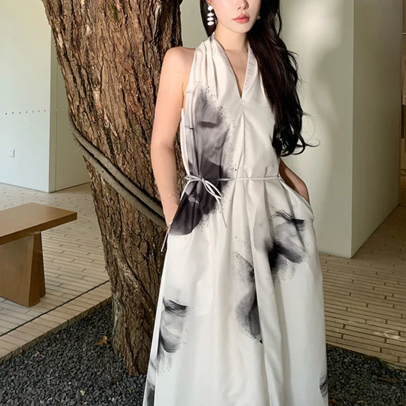 HKSH 夏の新しい女性の休暇スタイルハイストリートカジュアルエレガントな気質トレンディなホルターネックタイダイストラップロングドレス HK6361