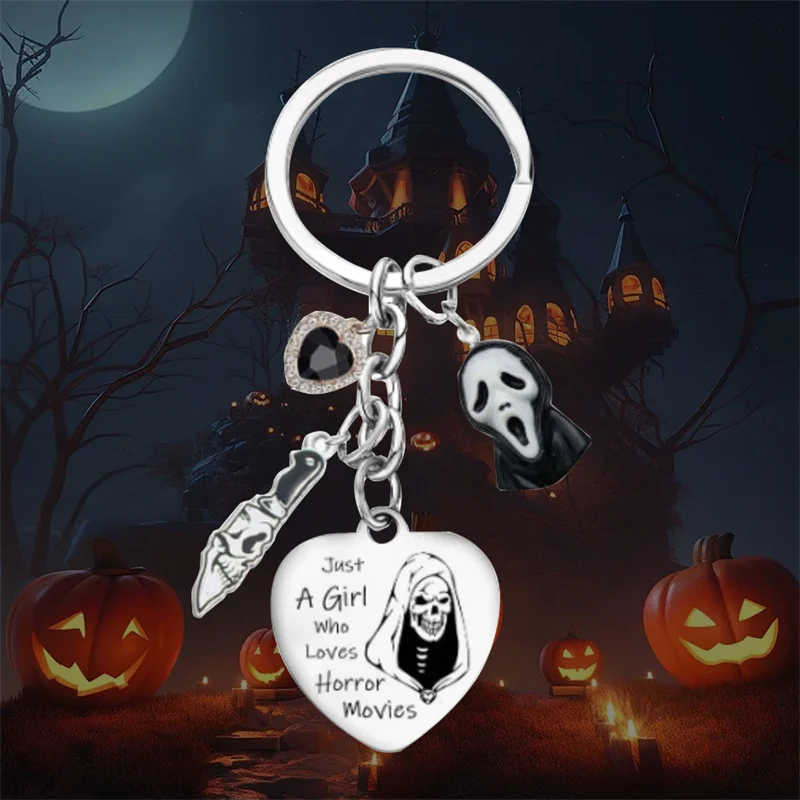 الفولاذ المقاوم للصدأ القلب محفورة رسالة الرعب الساحرة مفتاح سلسلة خائفة شبح الوجه حلقة رئيسية مجوهرات الهالوين على ظهره قلادة #2