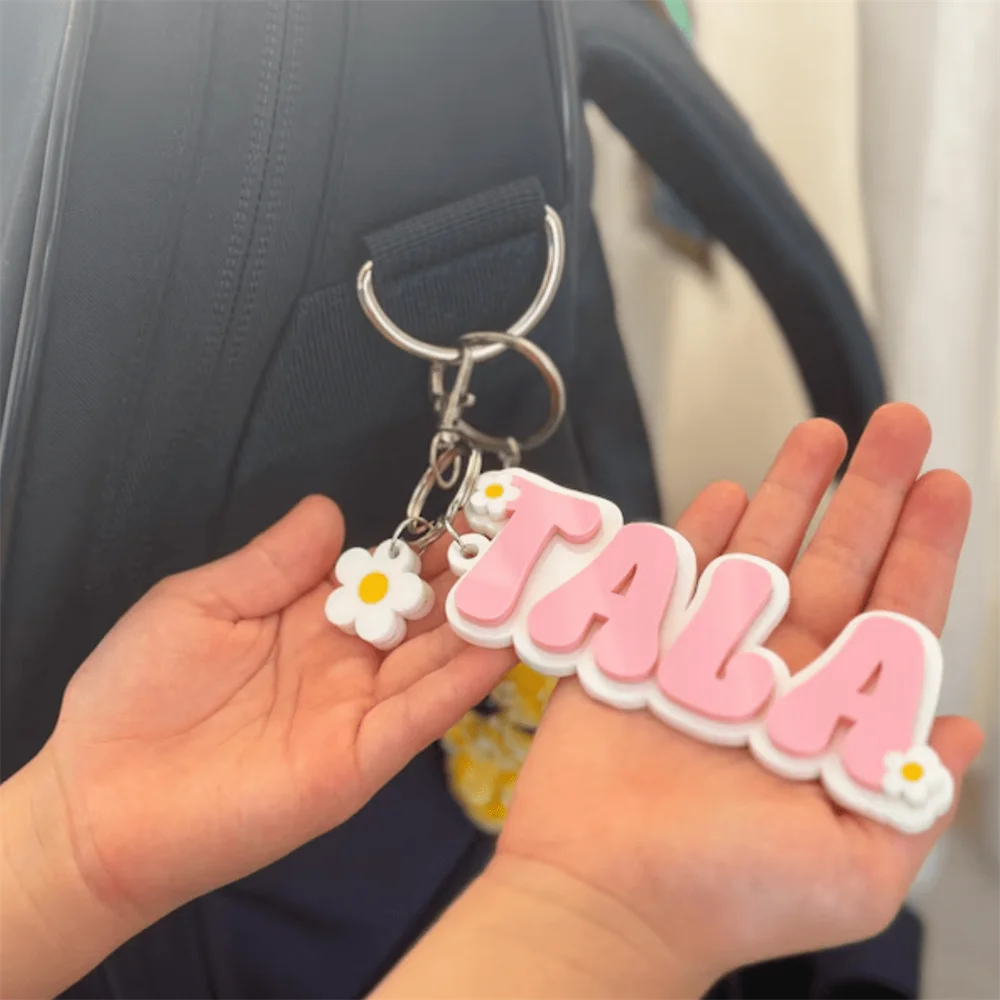 1PCS Customized Name Keychain Personalized Double Layer Acrylic Cute Daisy Rainbow Backpack Name Tag Custom Name Key Chain view 6