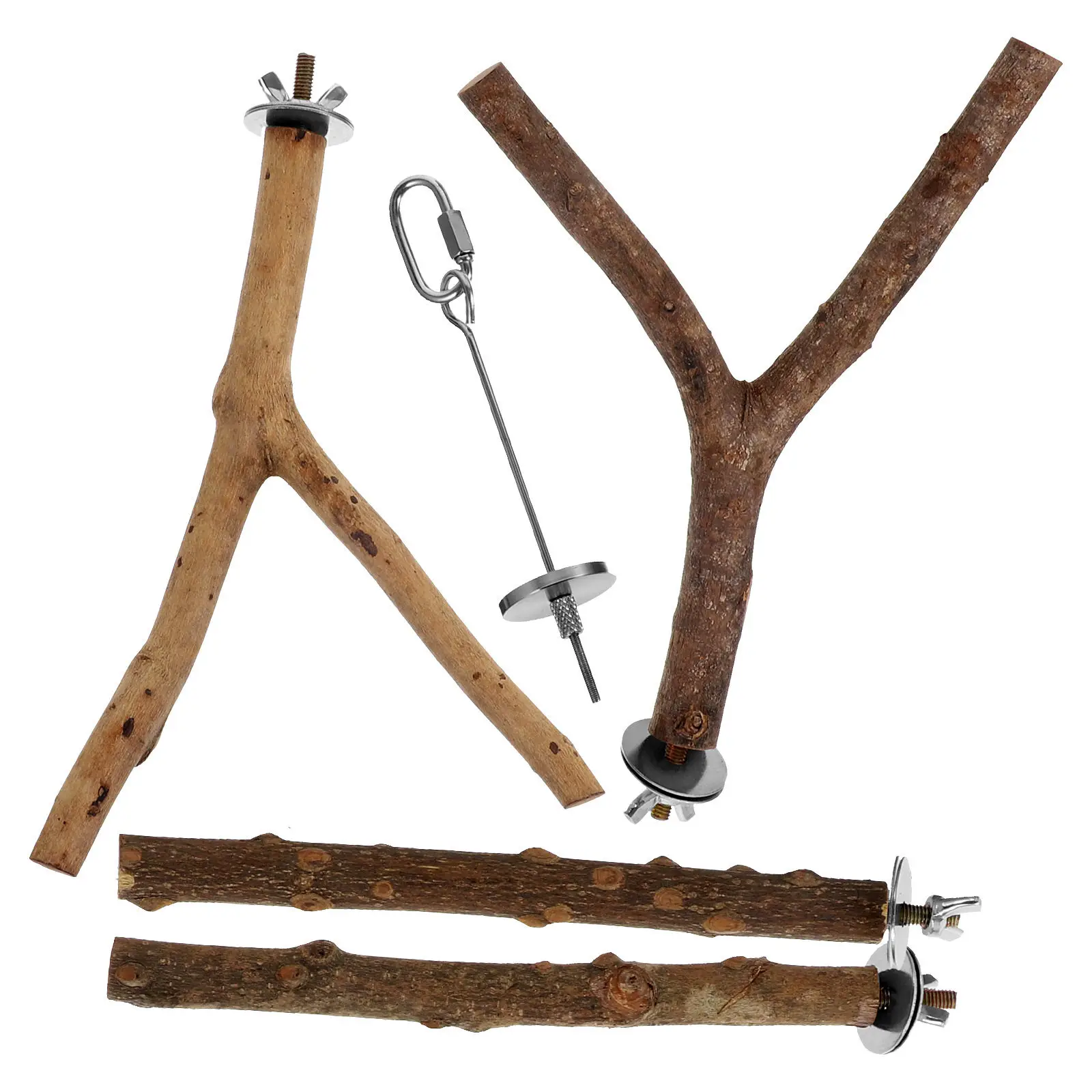 4Pcs Natural Wood Parrot Perch Stand Set with Food Fork for Bird Cage Enrichment Exercise Balance Training and Loneliness