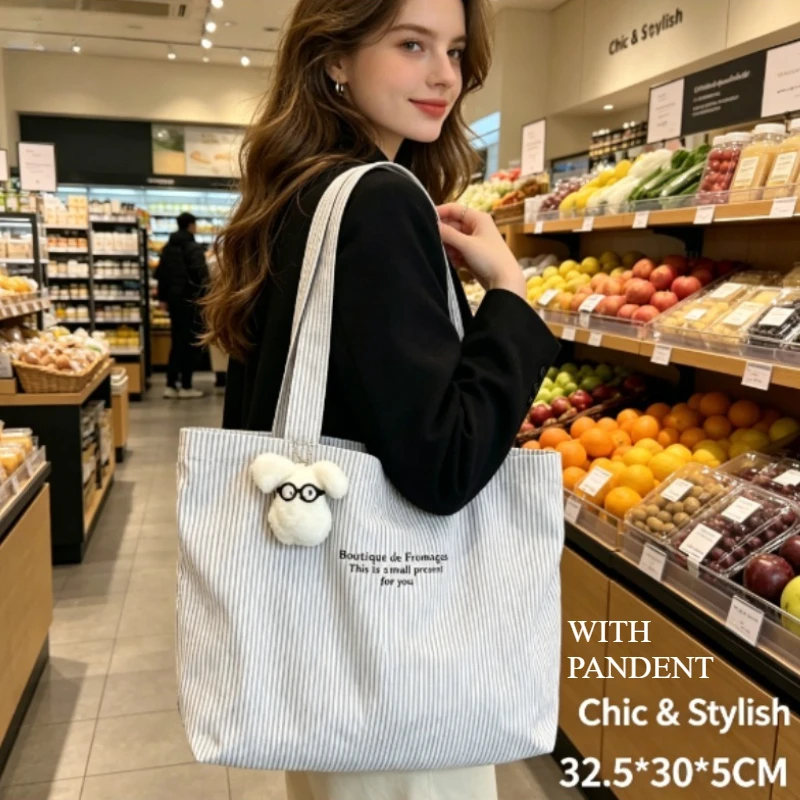 Bolsa de Lona de Grande Capacidade, Nova Bolsa Casual Listrada Simples para o Dia a Dia, Bolsa Versátil de Ombro