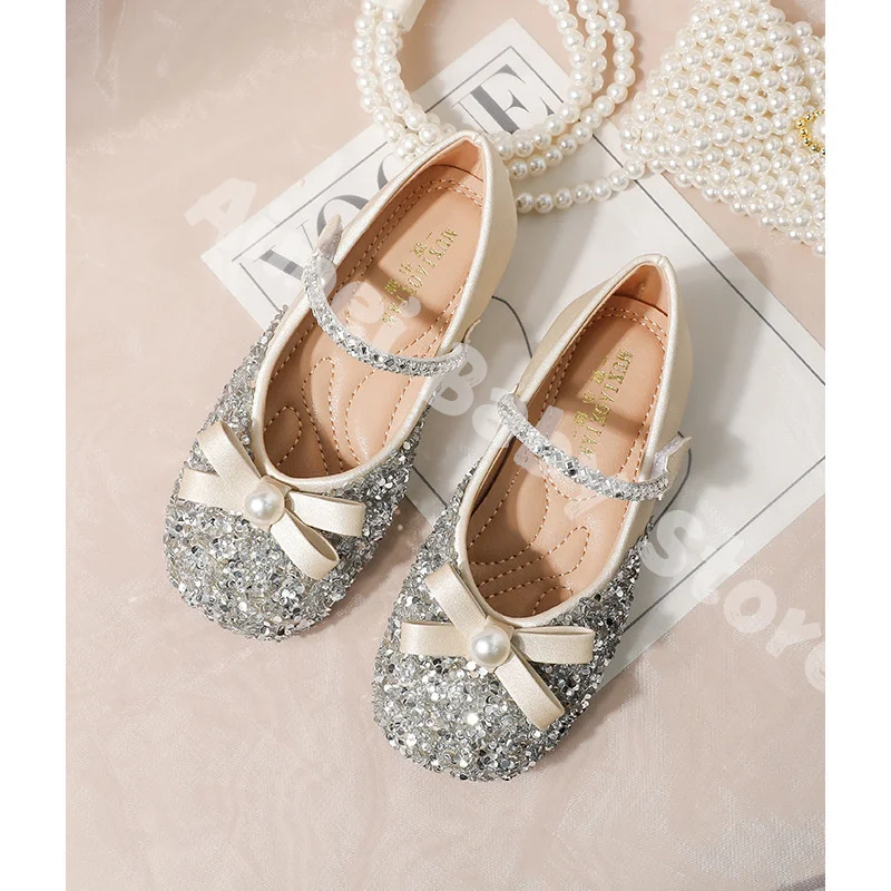 Pink Childrens leather Flat Single Shoes Girls Kids Rhinestone Bowknot Princess Shoes For Wedding And Party Girl Dance Shoes