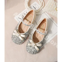 Zapatos planos de cuero rosa para niñas y niños, zapatos de princesa con lazo de diamantes de imitación para boda y fiesta, zapatos de baile para niñas