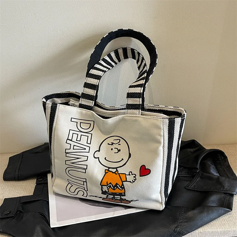 Kawaii Miniso Anime Striped Tote Bag Cute Snoopy Cartoon Large Capacity Commuting Bento Bag Mummy Bag Shopping Bag Gift for Girl