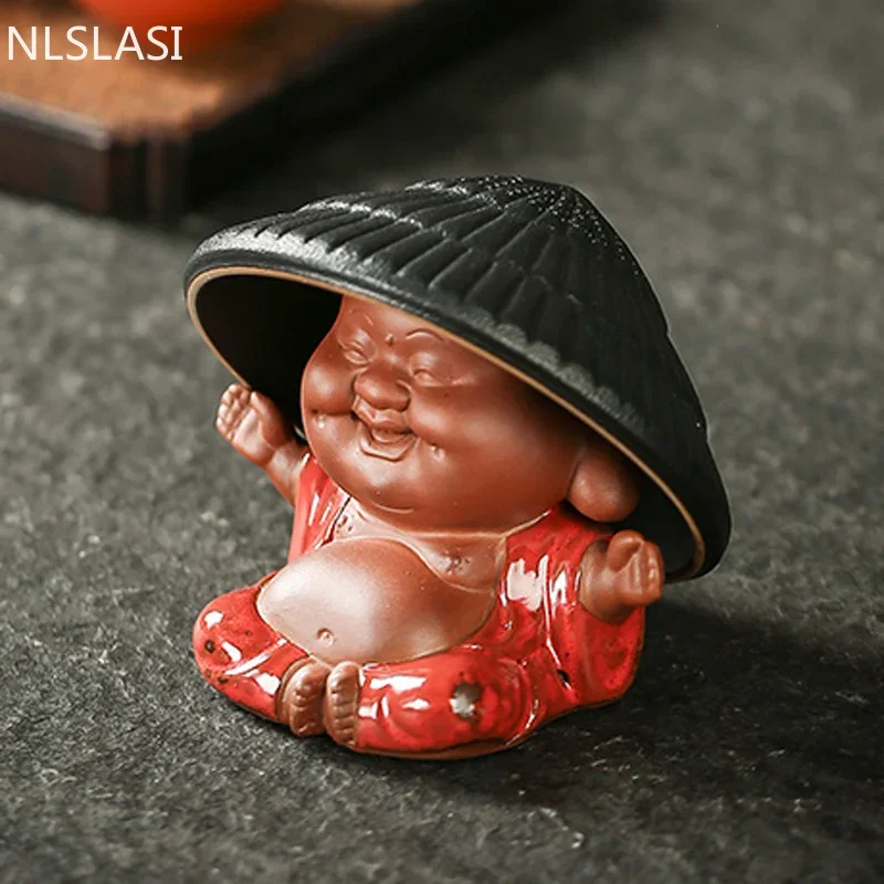 Creativity Purple Clay Tea Pet with Tea Strainer Monk Buddha Figurine Ornaments Handmade Crafts Tea Set Decoration Accessories