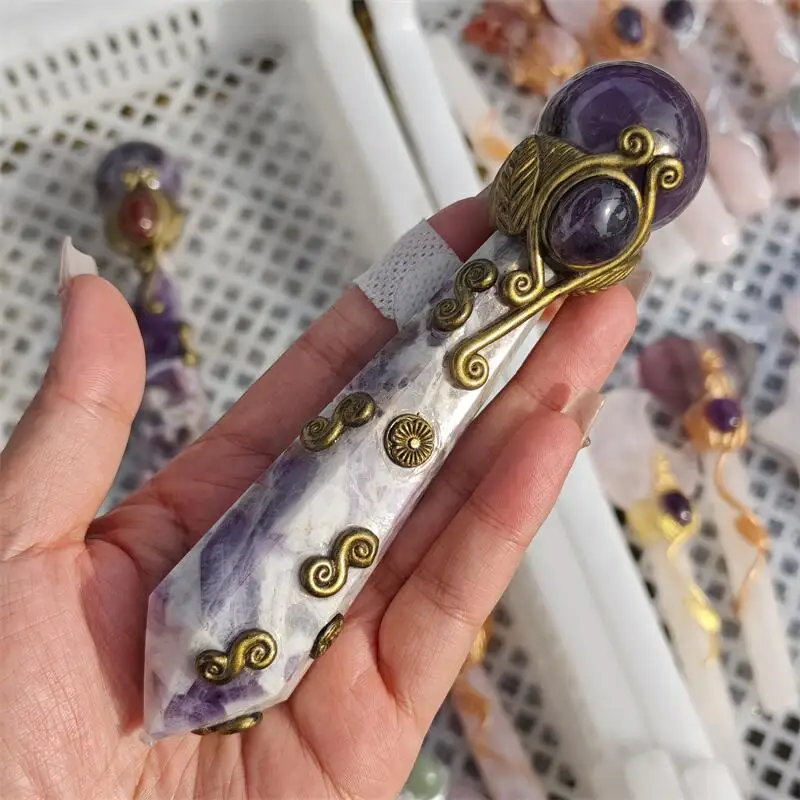 Natural Dream Amethyst Sphere Crystal Energy Magic Wand Carving Reiki Figurine Home Office Decoration Gift 1PCS