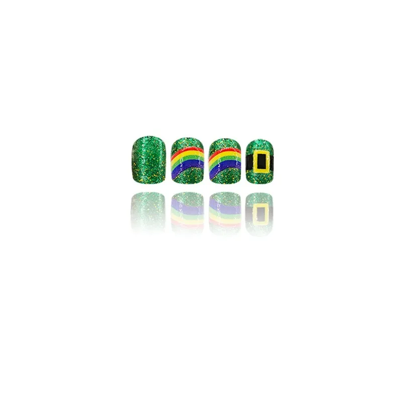 24 Pcs Rainbow Clover Lipstick False Nails with Full Set Tools Green Glitter Sparkle Nail Tips Short Nails Press Ons with Tools