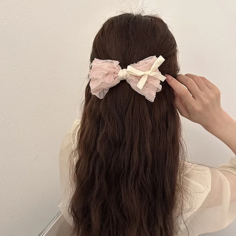 New Ballet Style Ribbon Bow Hair Clips for Women Korean Sweet Cream Pink Mesh Hairpin Girls Versatile Hair Accessories