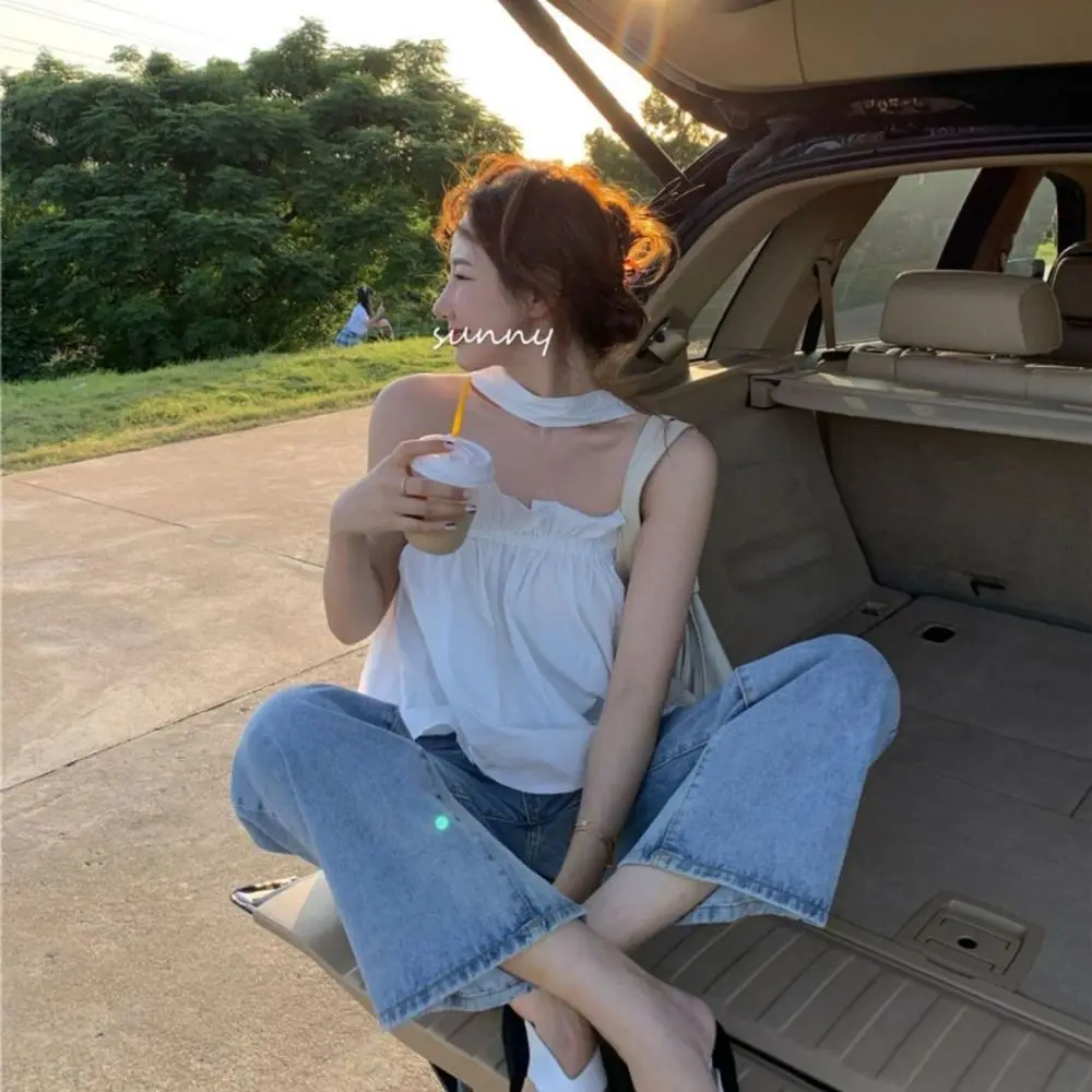 Moda plissado halter sem mangas camisola plissado doce magro colheita topos picante menina verão suspender colete feminino menina