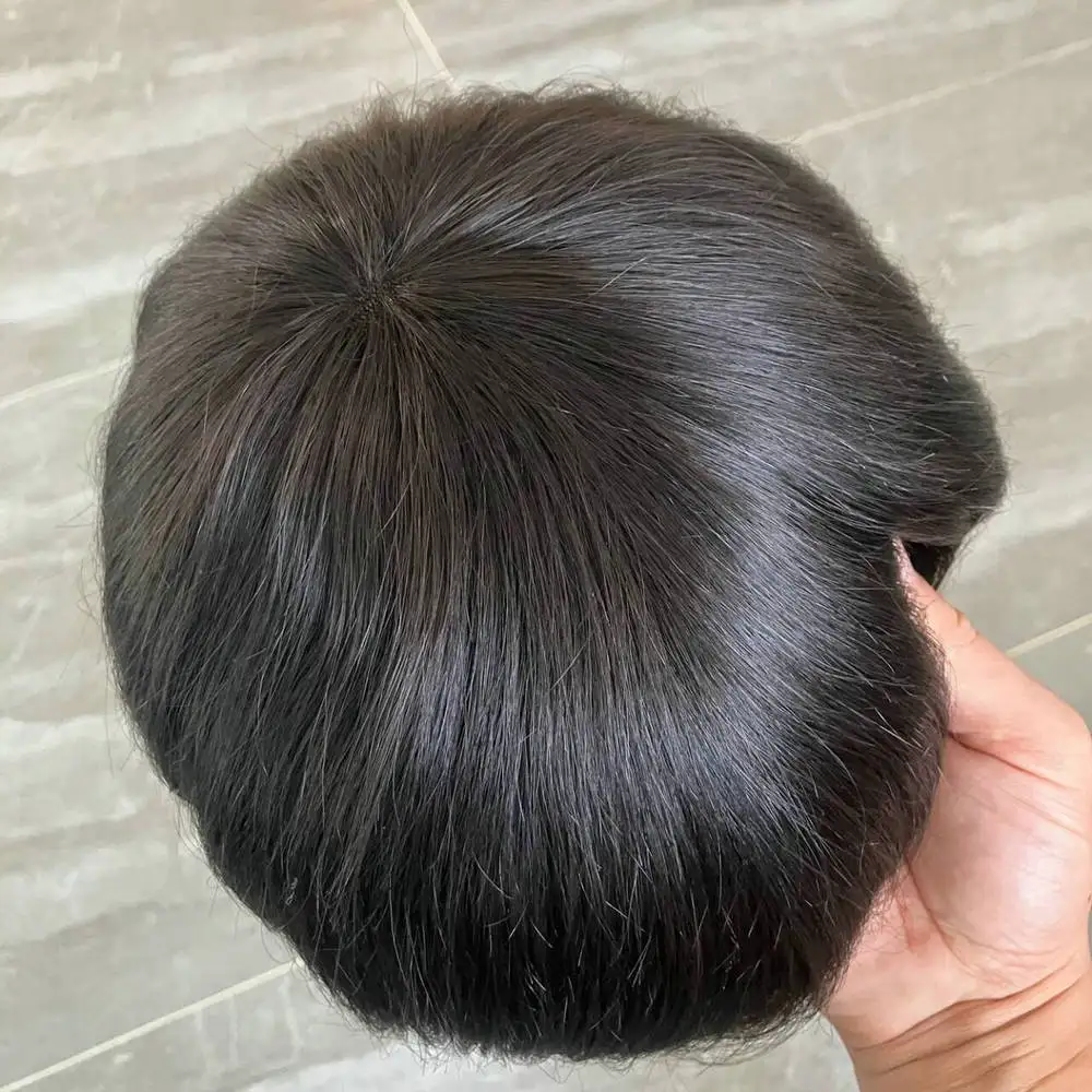 100% 인모 Toupee 남성용 레이스 PU 베이스 천연 피부 헤어 라인, 모세관 보형물, 남성 가발, 내구성 헤어 시스템