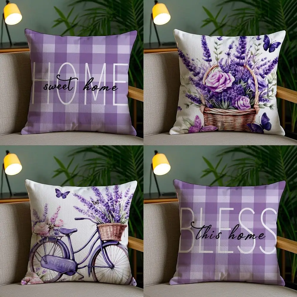 4PC Purple Vintage Bike Floral Cushion Cover Soft Plush Double-Sided Print Pillow Case Home Decor for Sofa Living Room Gift