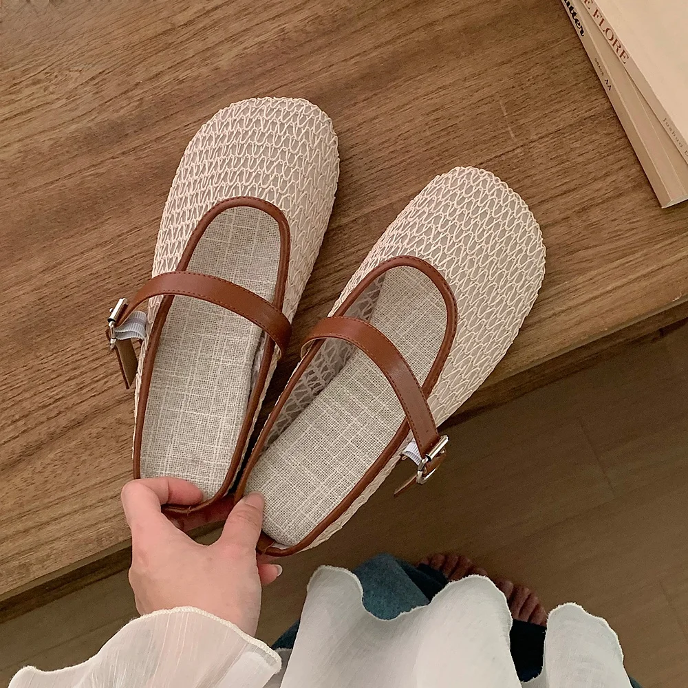 

Mary Jane Half Slippers Women's Summer Outdoor Wear Hollow out Woven Fishing Net Flat Bottom Sandals Cool Slippers