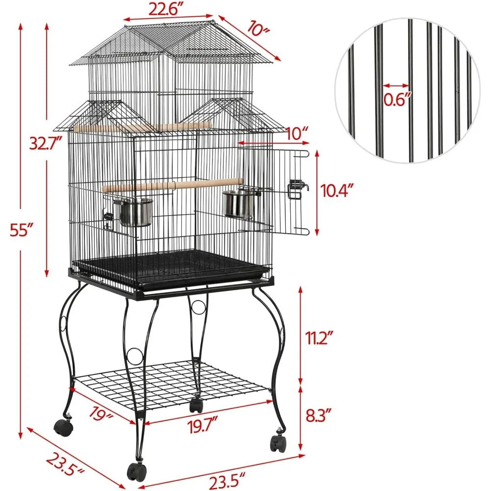 Rolling Standing Triple Roof Medium Parrot Cage Pet Bird Cage with Detachable Stand for Cockatiels Sun Parakeets. Bird Cages