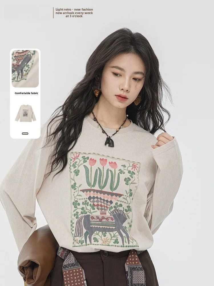 

Модная футболка с длинным рукавом, простой дизайн, с принтом, повседневная, весенняя новинка, женский топ Memory's Starting Point 7036602