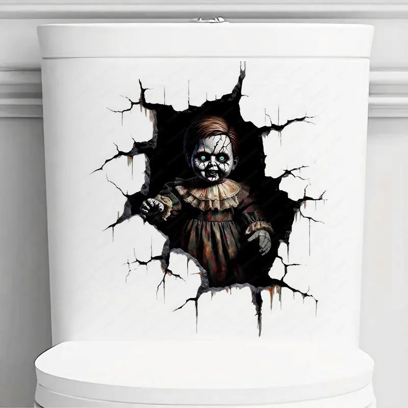 

QT624# Creepy Cursed Doll 1pc Toilet Stickers,Wall Decal Removable, Reusable Vinyl Car Sticker for Toilet Lid, Bathroom Decor
