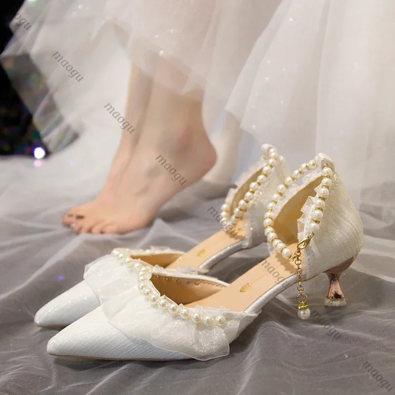 

White Wedding Shoes for Women 2025 Summer Luxury Silk Pearl Ankle Straps High Heels Pumps Woman Pointed Toe Heeled Dress Shoes