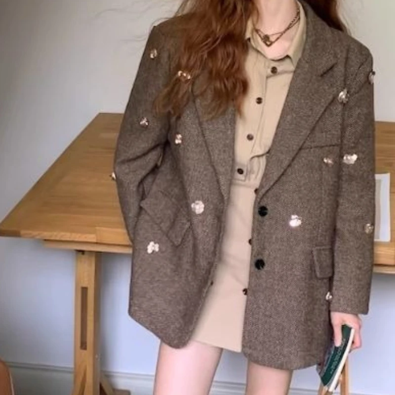 

Pearl Flower Suit Jacket, Women's Design Sense, 2025 Autumn Casual Woolen Jacket Top