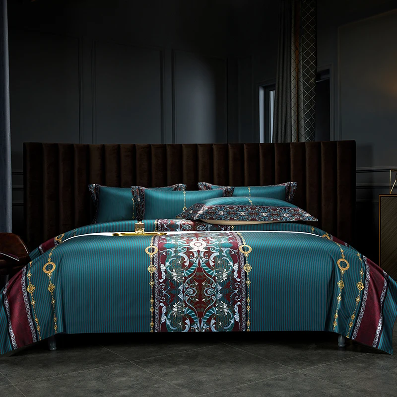 Egyptian Cotton Duvet Cover Set Europe Style Home Textile Luxury Retro Digital Printing Bedding Sets Flat Bed Sheet Pillowcases