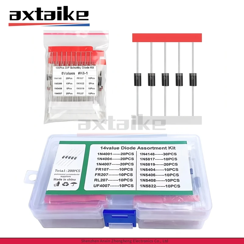 

200PCS Switch Rectifier Schottky Diode Kit Sample Box 1N4148 1N5819 1N4007 UF4007 6A10 10A10 FR107 1N5408 RL207 SR5100 1N5399