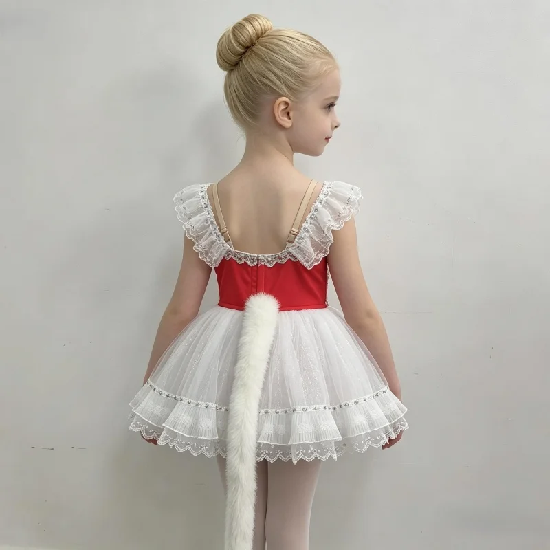 Kids red white contrast off-shoulder lace rhinestone ballet tutu dress glitter multi-layer ruffle dance skirt for ballet competi