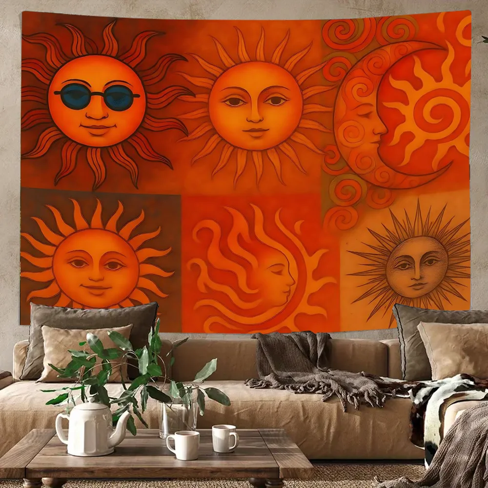 

Boho Style Tapestry Sun Design Wall Hanging Tapestry for Living Room Bedroom Dorm Party Decor Washable Stitched Edge Tapestries