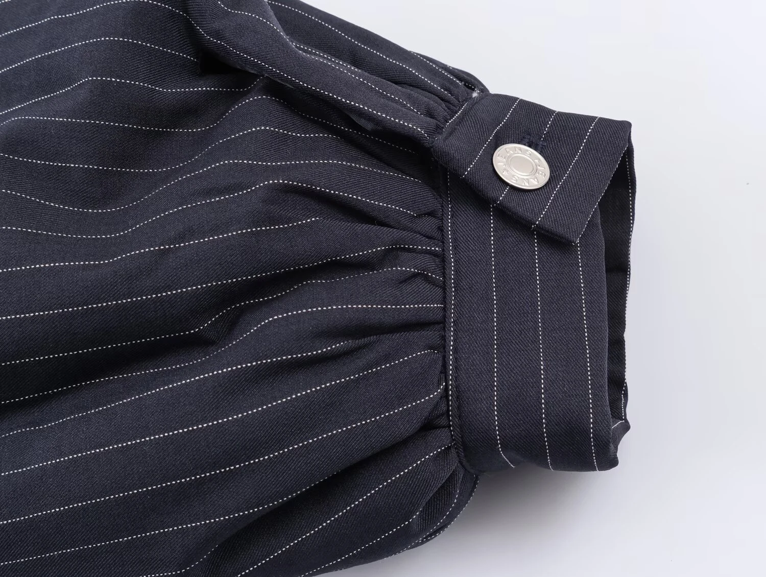 Jaqueta de Algodão Azul Escuro com Listras Finas, Gola Alta, Manga Bufante, Corte Solto, Casaco Curto Estilo Retrô, Agasalho Quente de Inverno