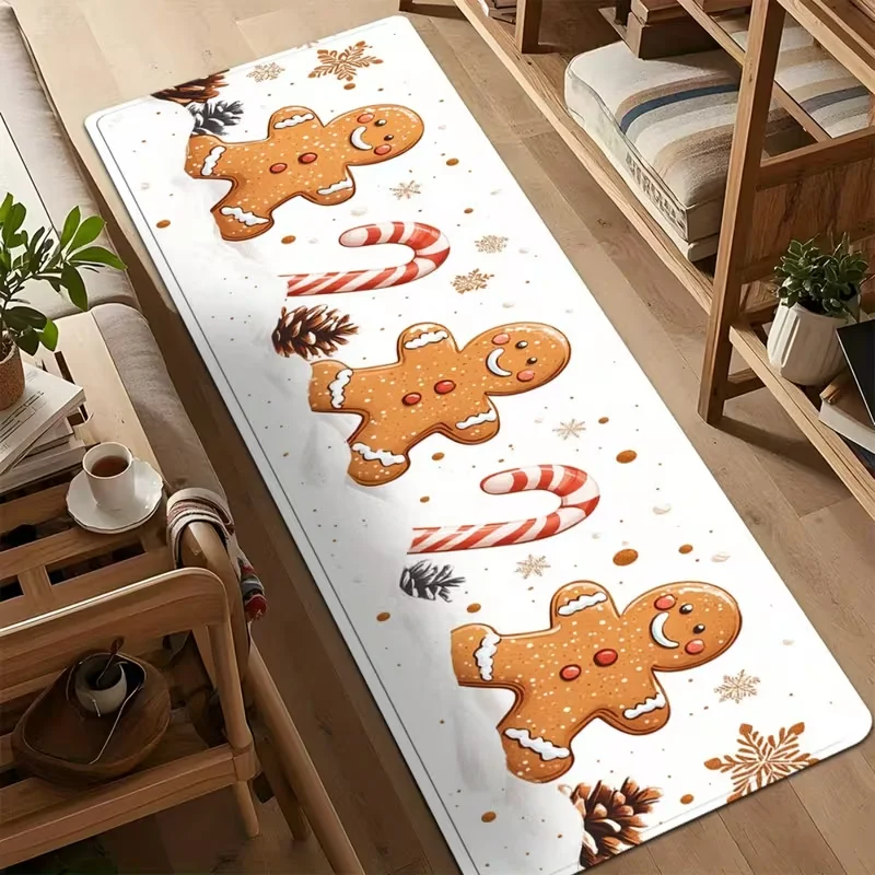 Christmas Gingerbread Man Runner Rug Soft Long Floor Mat Candy Cane Hot Cocoa Hallway Kitchen Bedroom Holiday Decor Rug