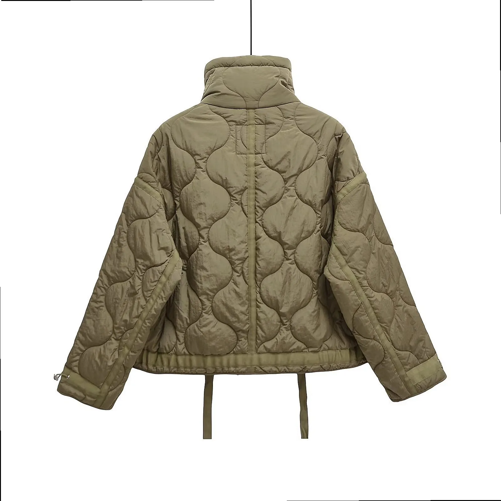 Women's Loose Stand Collar Water Ripple Coat with Drawstring Cuffs, Oversized Outerwear Jackets