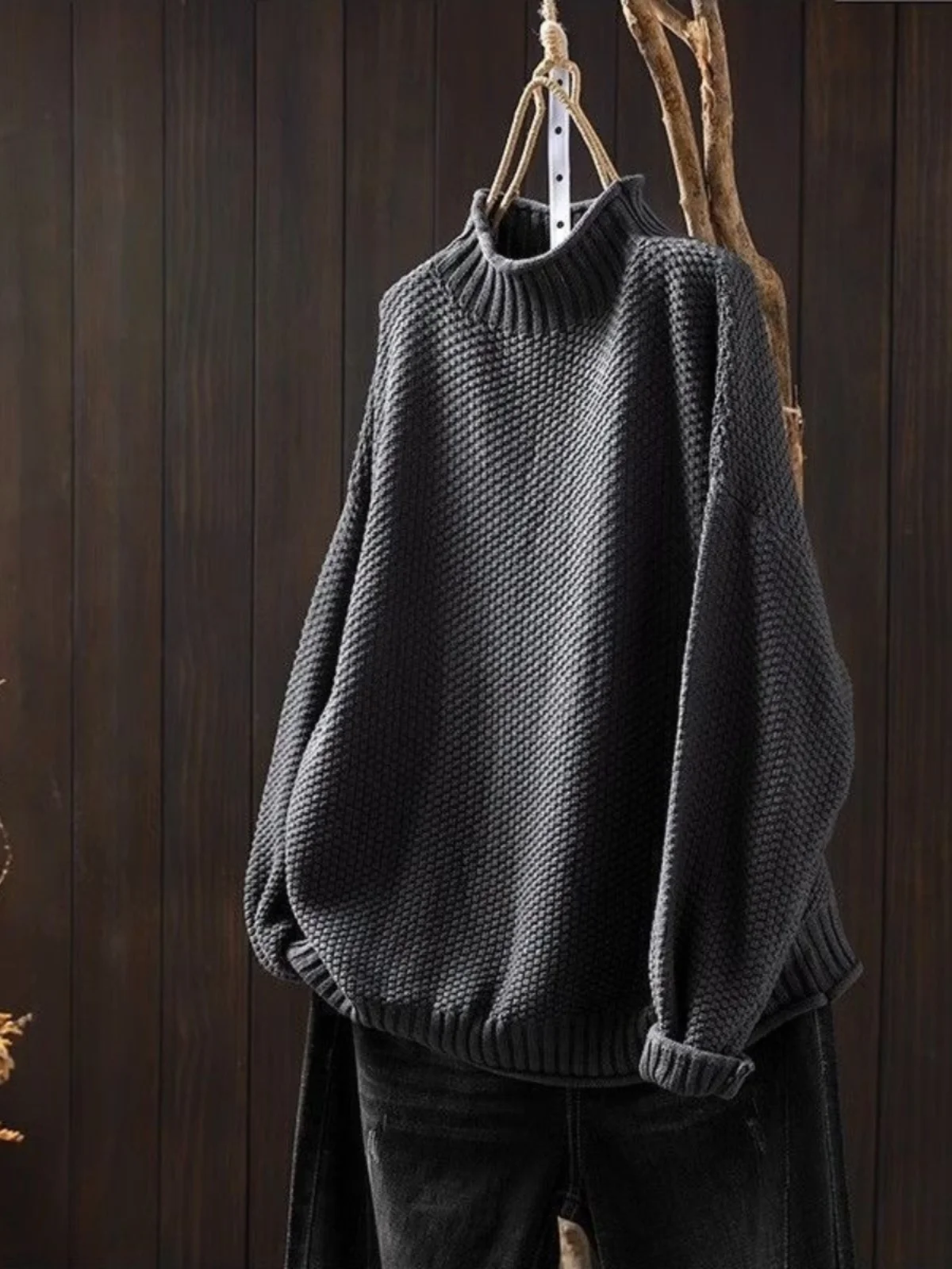 سترة محبوكة فضفاضة غير رسمية للنساء لخريف وشتاء ريترو فني Sle طويل Sve علوي بياقة عالية رفيع عادي #4