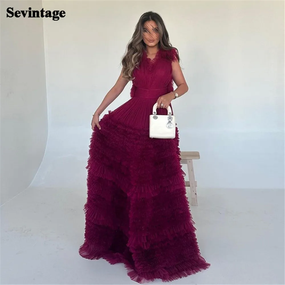 

Sevintage Elegant Fushia Prom Dress Tulle A-Line V-Neck Cap Sleeves Tiered Formal Evening Dress Floor Length Party Gown 2024