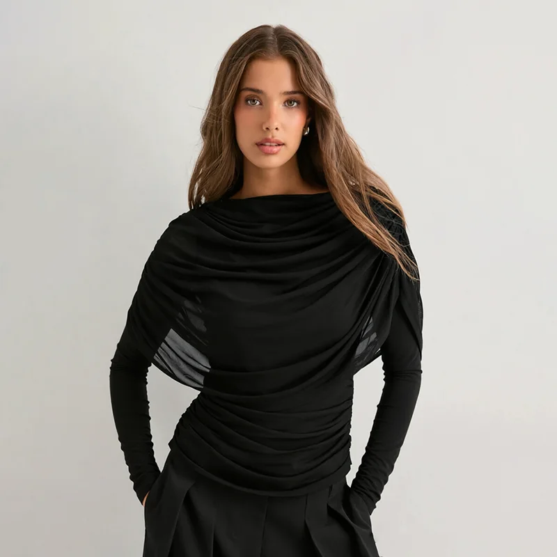 Long sleeved mesh patchwork hanging collar pleated shawl slim fit T-shirt top