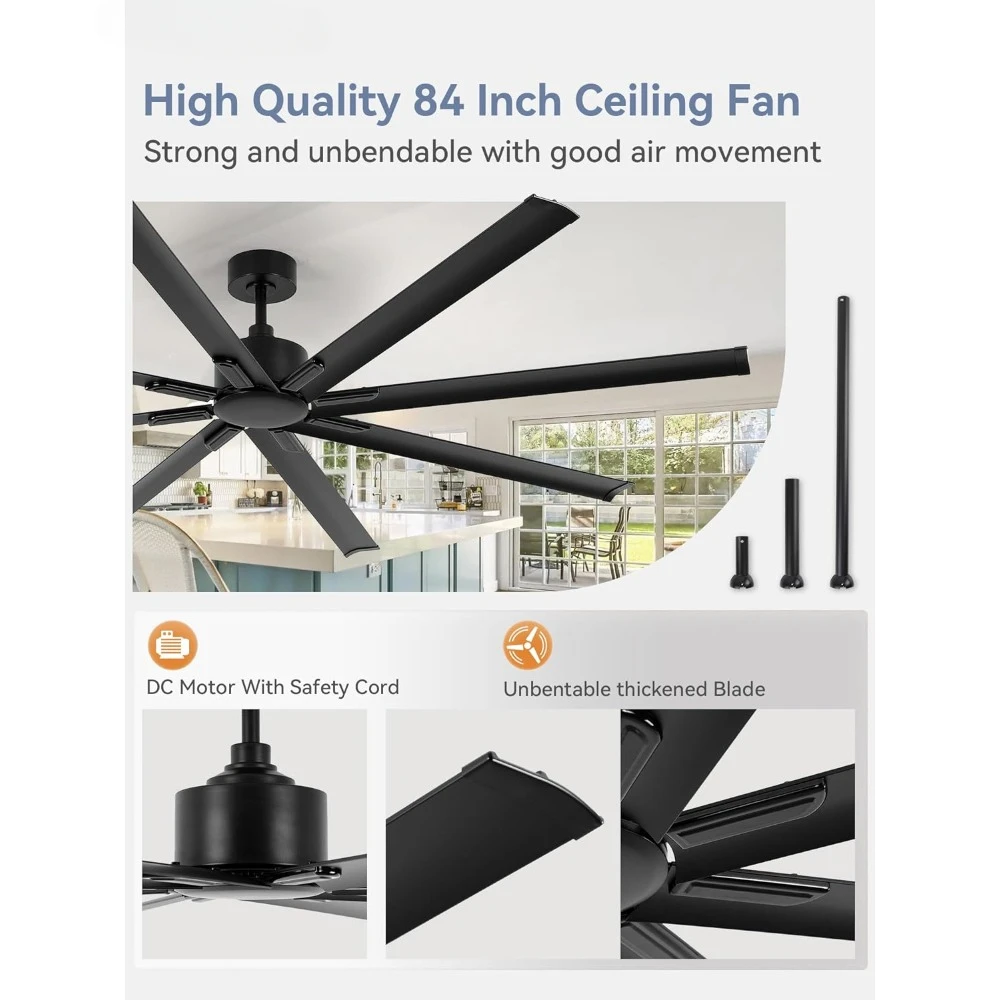 84 inch industrial DC motor ceiling fan, large ceiling fan with 8 reversible blades,3 lower rods,6-speed remote control in black