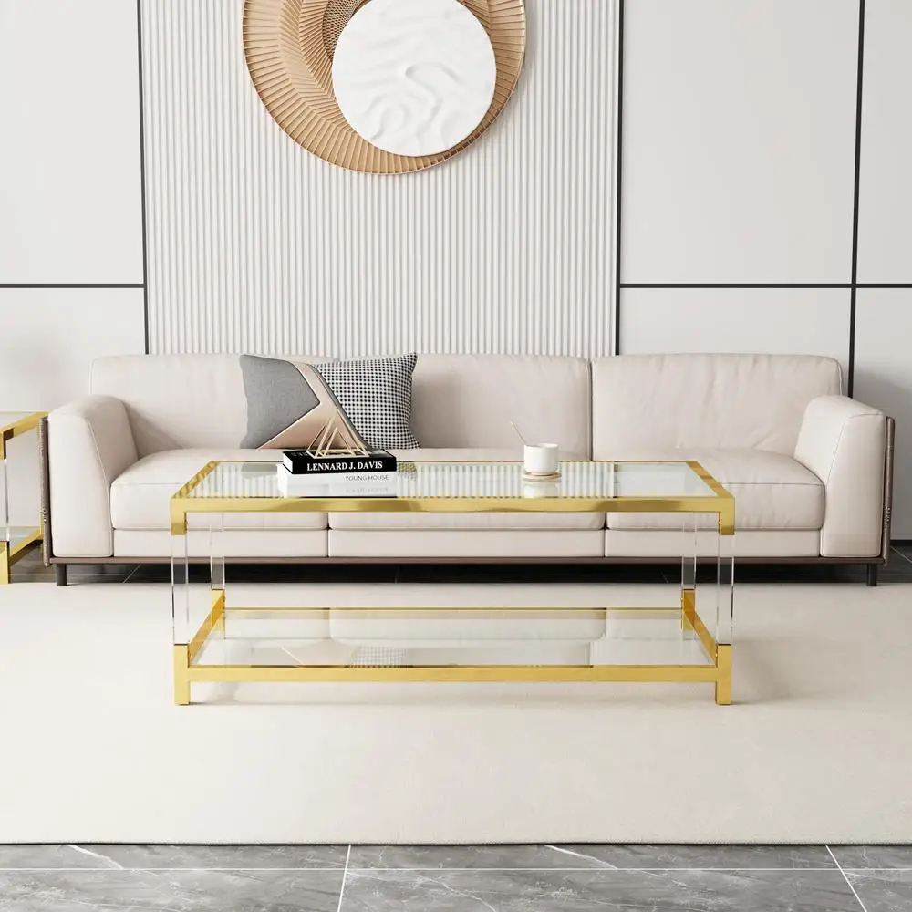 

Modern Minimalist Gold Metal Coffee Table with Clear Acrylic Legs and Glass Tabletop – Elegant Living Room Accent Furniture