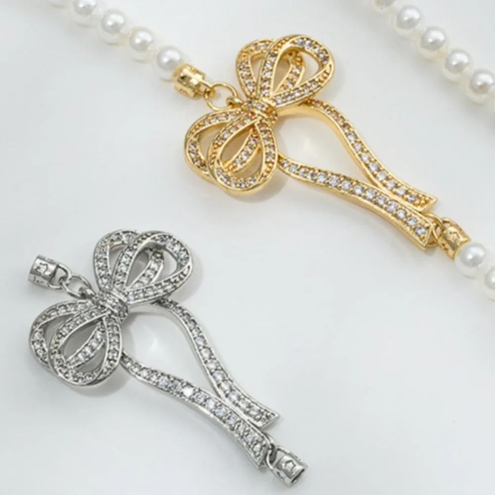 

1Pcs Copper Clasps 14K Gold Color Zircon Bow Pearl Necklace Sweater Chain Link Pendant Handmade Beaded Accessories