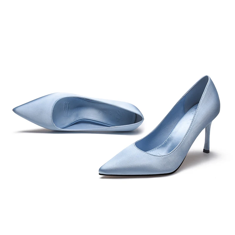 Young Girl Pure Color High Heels Women Spring Autumn Sky Blue Satin 8cm Pumps Pointed Toe Slip-on Fashion Daily Wear Work Shoes