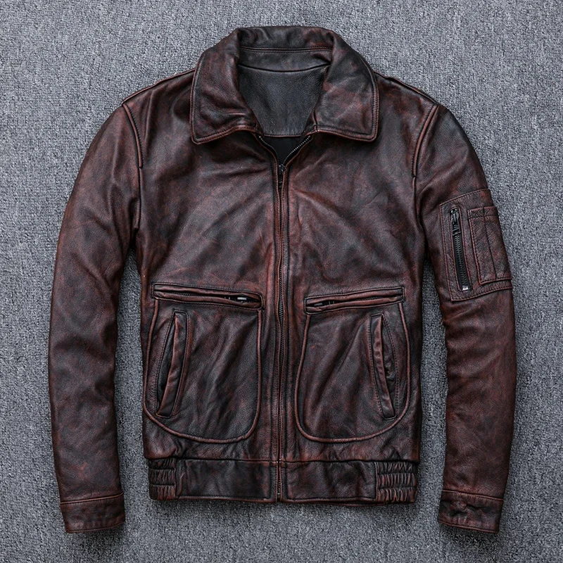 

5 days arrival,Brand Vintage Cow Leather Jacket Autumn Winter Large Size Genuine Biker Bomber Jackets DHL Free Shipping