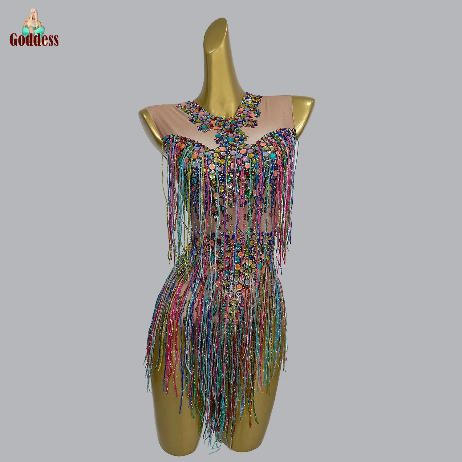 

Fancy Women's Colorful Fringes Leotard Party Stage Performance Outfit Club Prom Showgirl Bodysuit Sparkly Rhinestone Costume