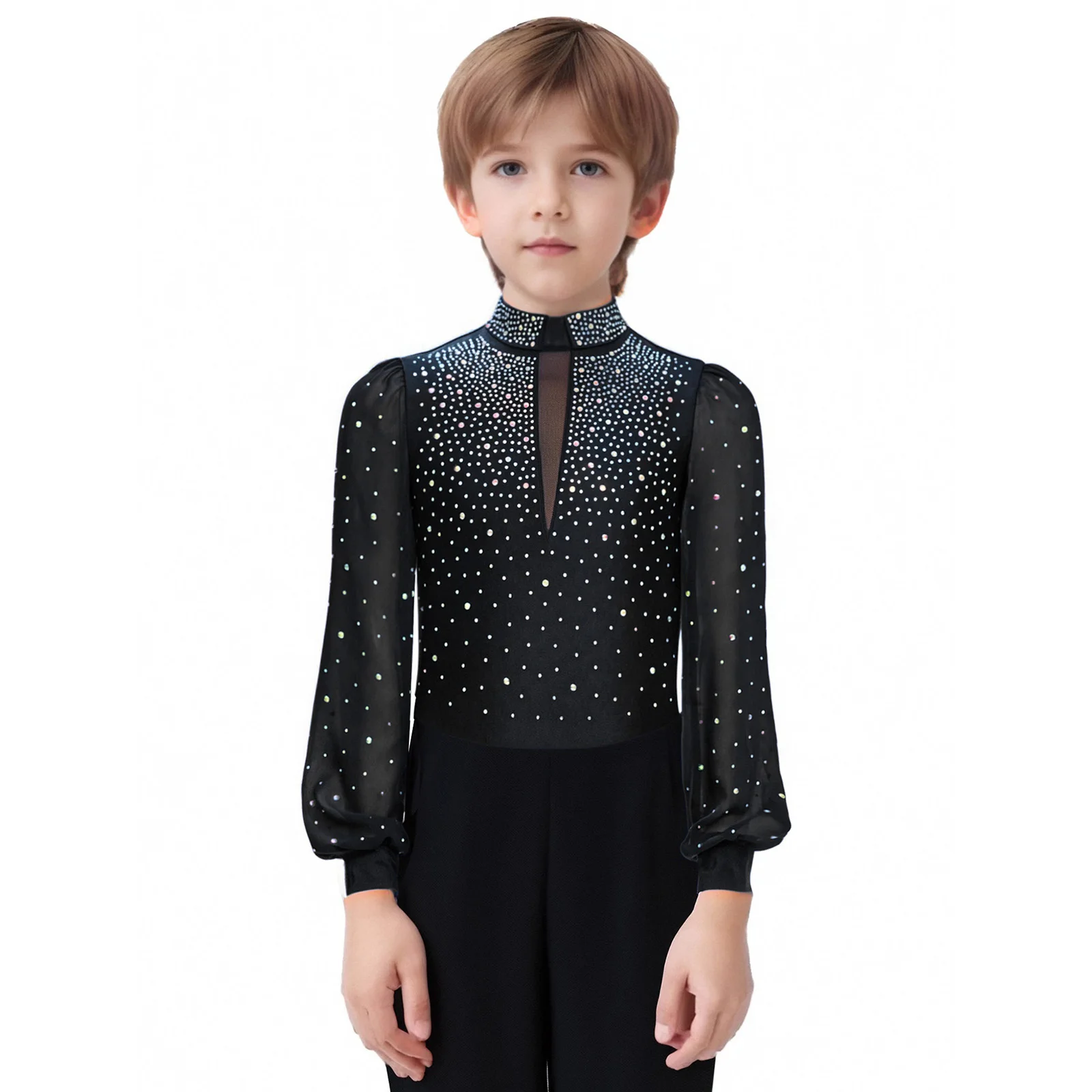 Boys Latin Tango Dance Shirt Leotard Long Sleeve Shiny Rhinestones Jumpsuit Ballroom Ballet Figure Skating Gymnastics Costume