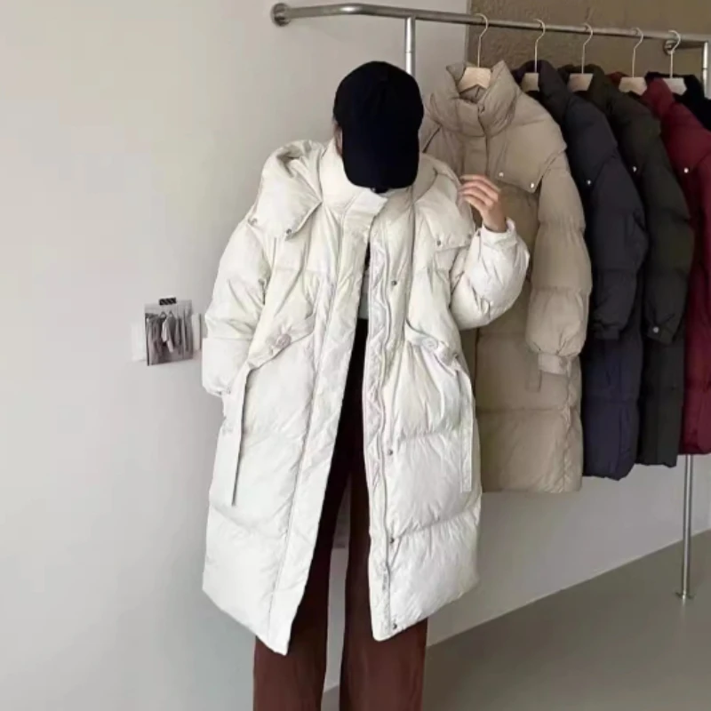 Hooded Puffer Jacket for Women, Thick Warm Parka, Casual Loose Pockets, Mid-length Down Jackets, Windproof, Warm, Winter, New