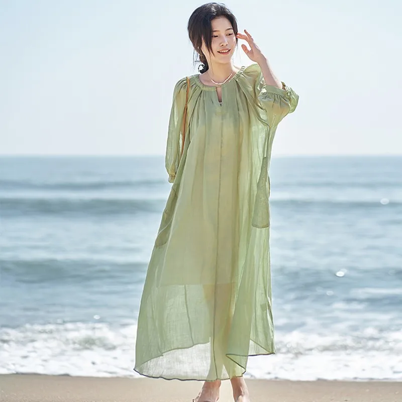 New Arrival Summer Beach Style Women 3/4 Sleeve Loose A-line Long Dress Double-deck Pullover Casual Green Holiday Dresses