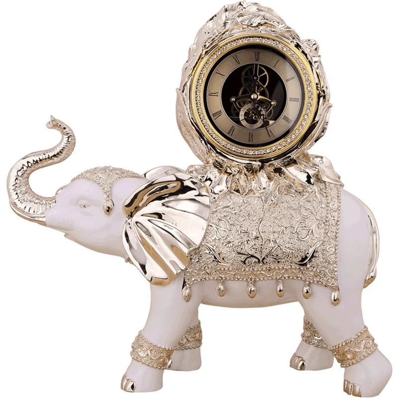 Gold Or Sliver Animal Clock Resin Craft Handsome Elephant Clock Ornament Desk Decor