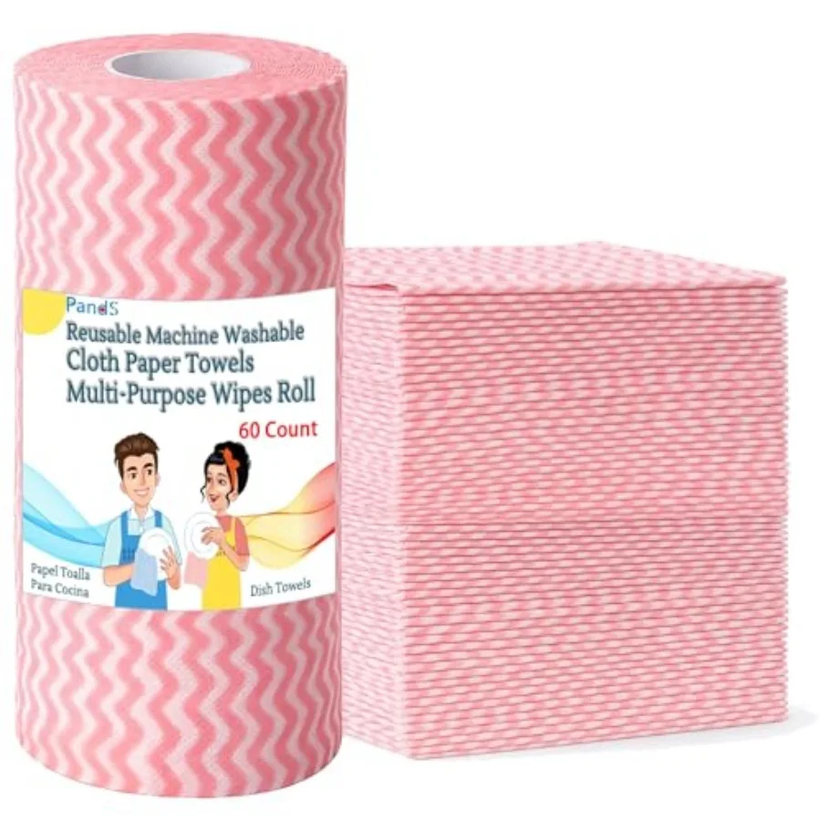

Reusable Paper Towels Washable, 60 Cts Disposable Cleaning Dish Cloths, Multi-Purpose Kitchen Wipes Roll, Pink